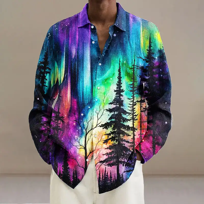 Vintage Iridescent Aurora Forest Art 3D Printed Fashion Men's Long Sleeve Button Down Shirts Spring Casual Lapel Shirt XXC04