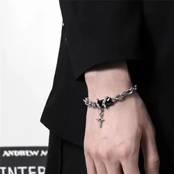 Fashion Crystal Stone Cross Charm For Women Men Punk Style Star Silver Color Chain Adjustable Bracelet Black Blue Crystal