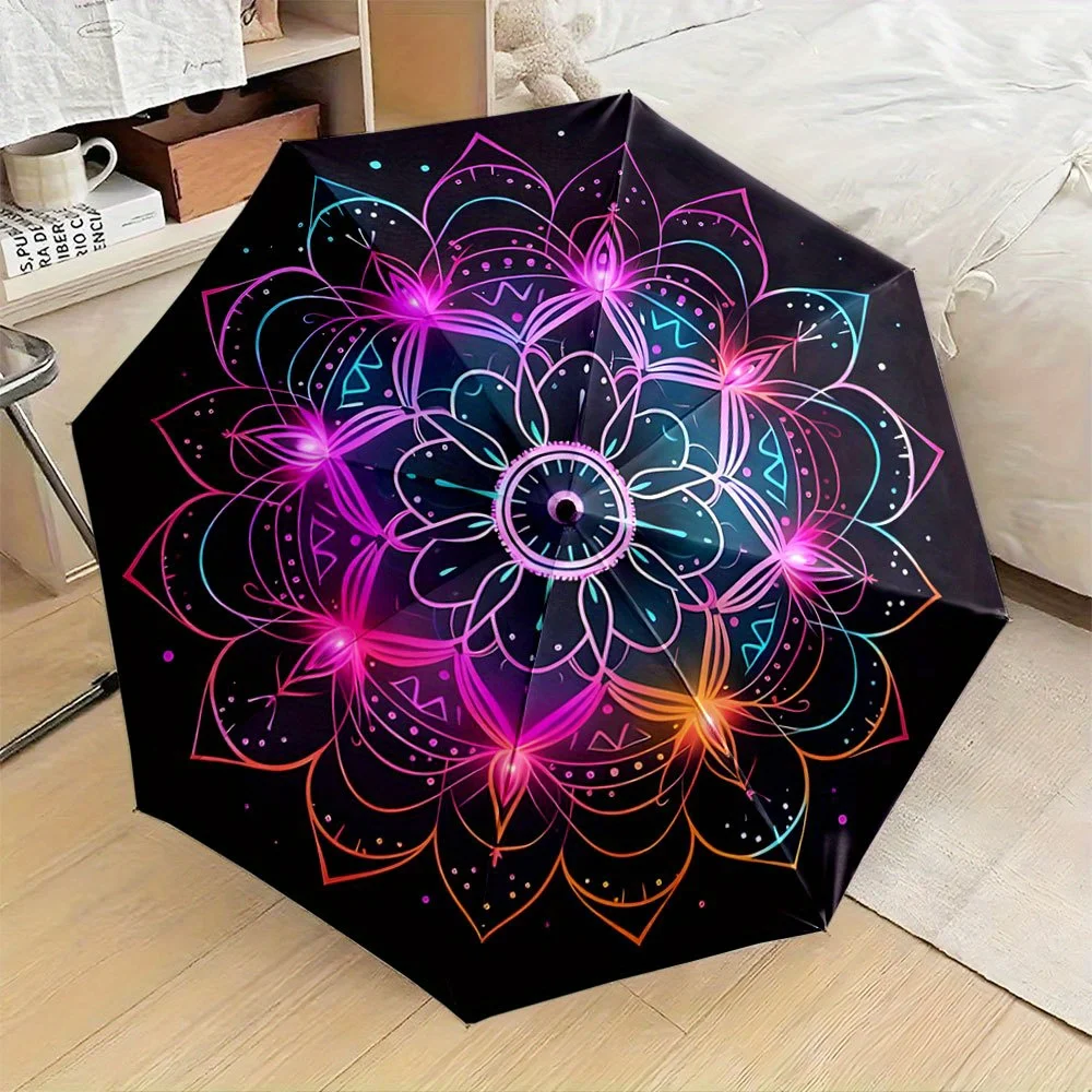 

Автоматический складной зонт с неоновым светящимся в темноте дизайном мандалы — компактный дорожный зонт с 8 ребрами, //пурпурный/оранжевый