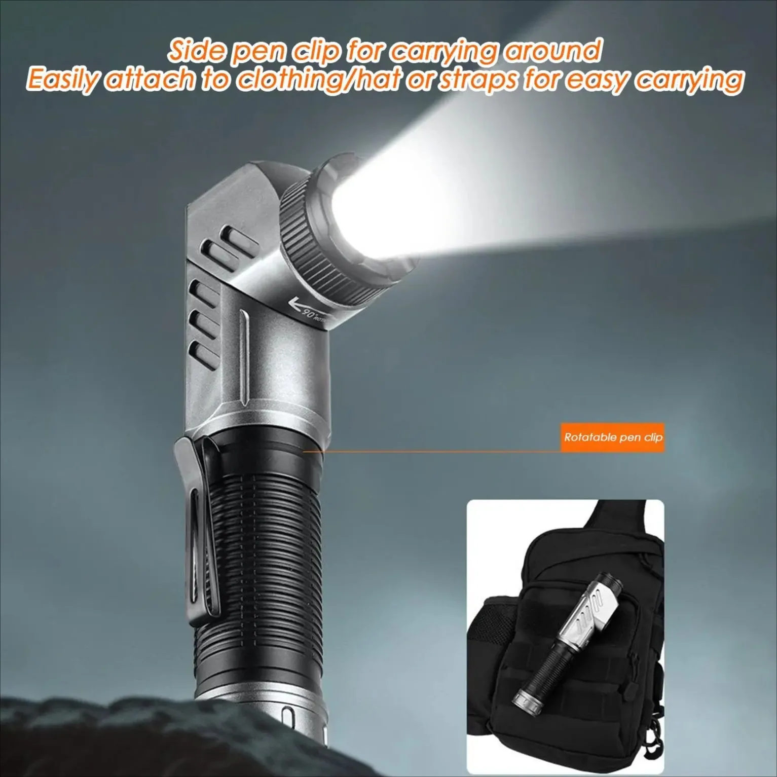 Portable LED Flashlight 90-Degree Adjustable USB Charging Corner Work Lamp with Magnetic Tail Outdoor Torch for Maintenance