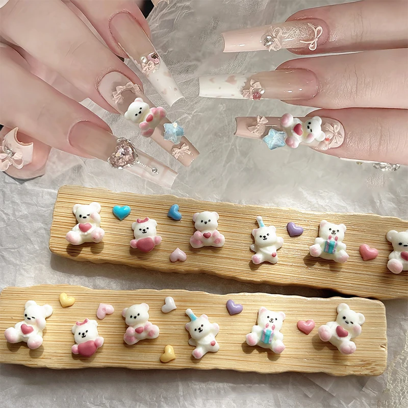 3D Kawaii résine coloré dessin animé ours ongles breloques coeur Nail Art décoration accessoires bricolage manucure artisanat charme pour ongles bricolage