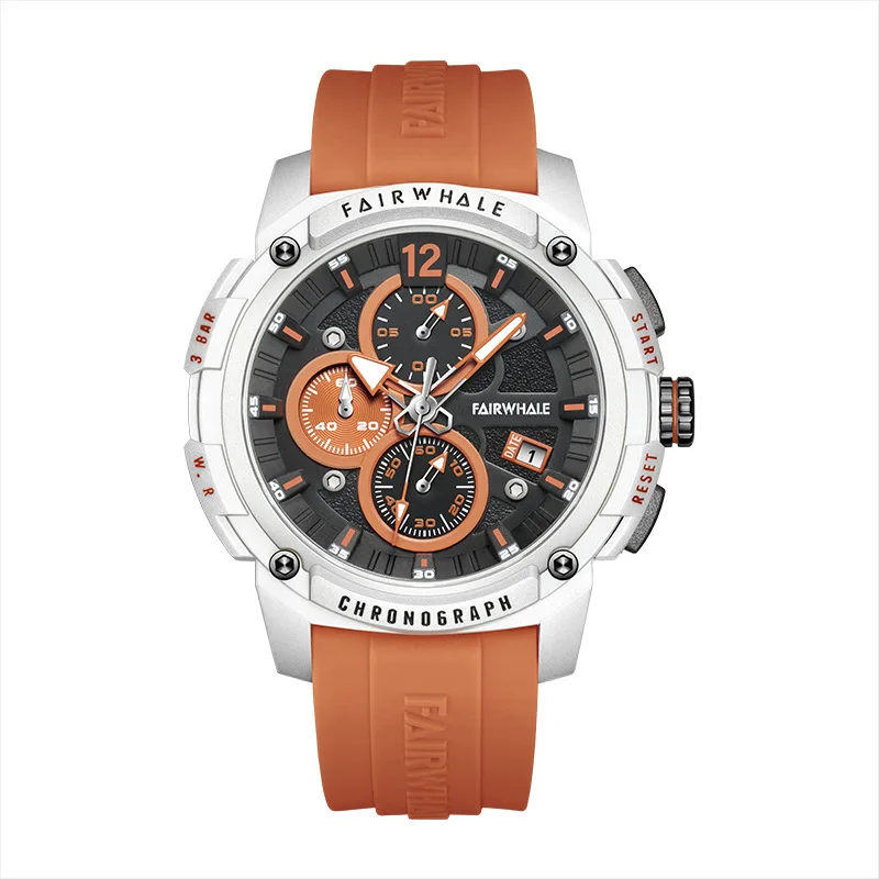 Mark Fairwhale 4360 Men's Fashion Watch Orange Quartz Movement Silicone Strap Waterproof Sports Chronograph Montre Homme
