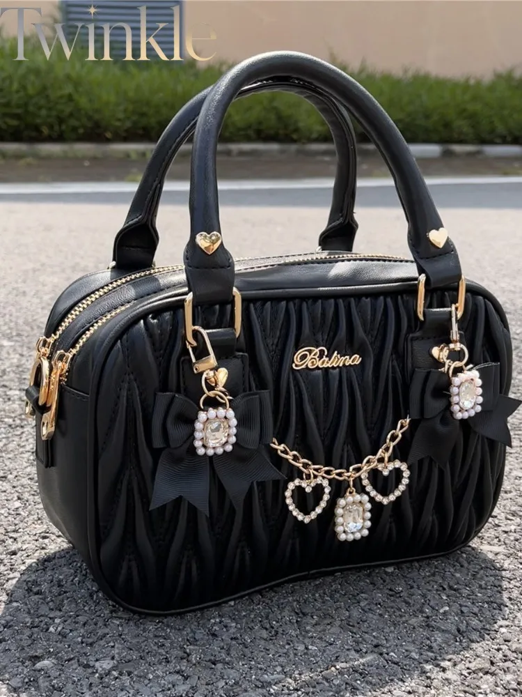 Japanese Lolita Heart Pearl Rhinestone Handbag Ruched Bow Satchel Ladies Elegant Shoulder Crossbody Boston Bag