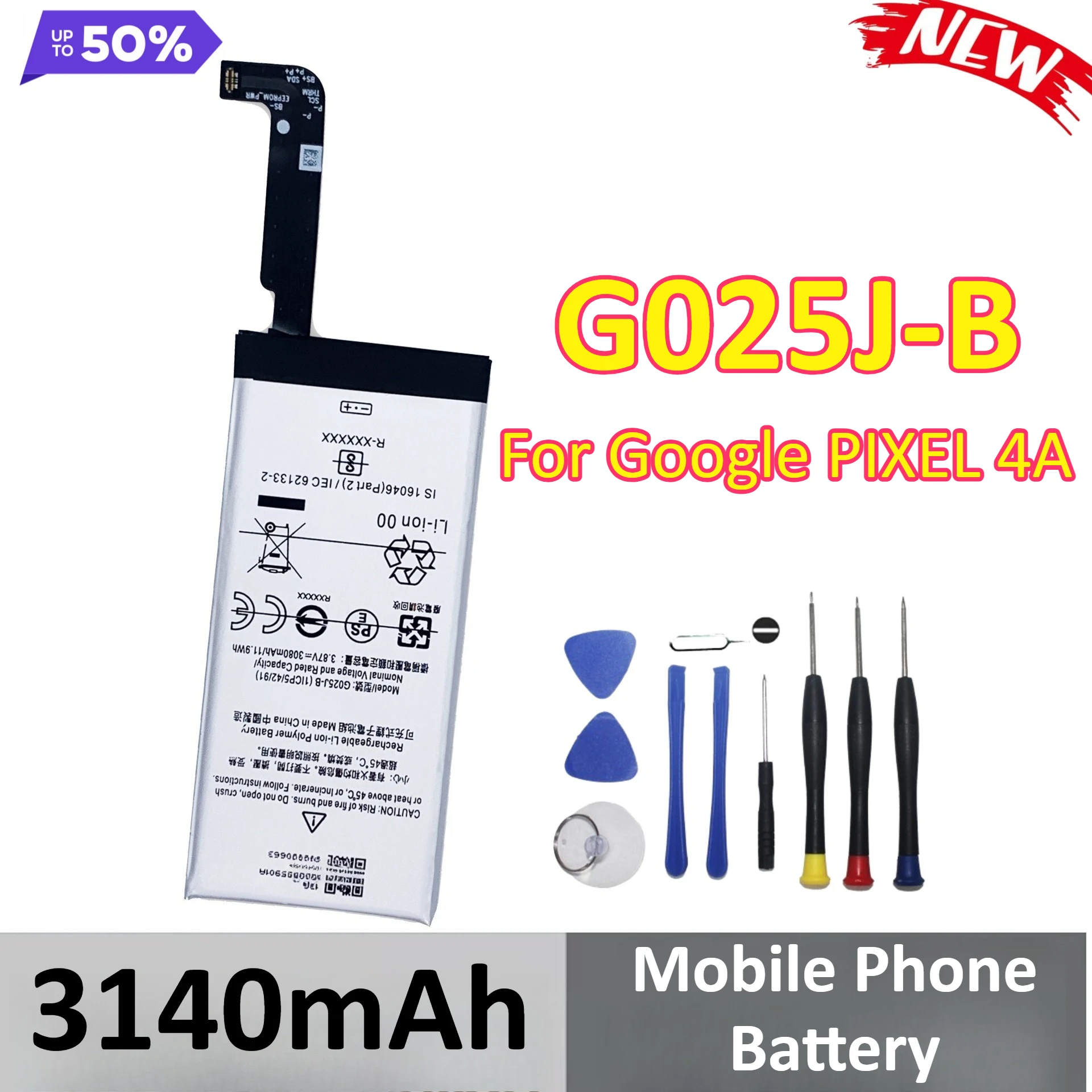 

New 3140mAh G025J-B Battery for Google PIXEL 4A Mobile Phone Batteries + Tools