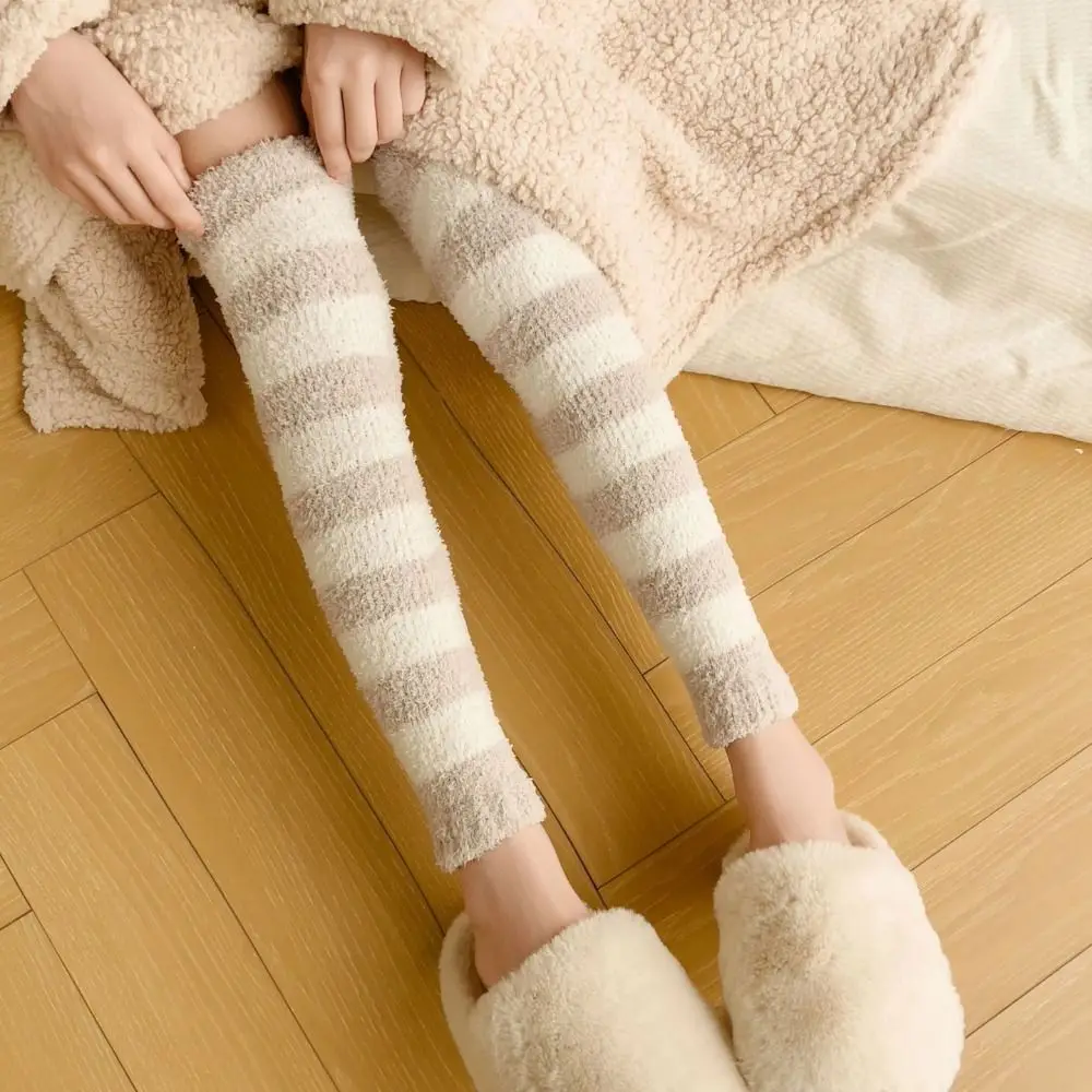 

Comfortable Thicken Warm Long Tube Sock Cover Simple Hosiery Coral Fleece Stockings Stripe Leg Warmers Floor Stockings Winter
