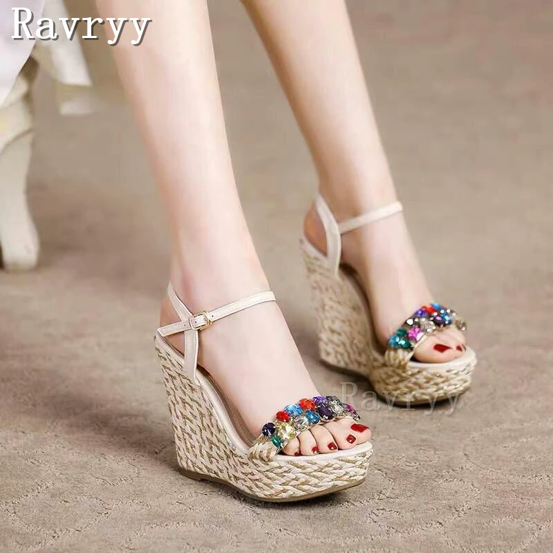 

Color Crystal Decor Wedge Espadrilles Sandals Women Summer Weave Platform Shoes Ladies Open Toe Ankle Strap Party Casual Shoes