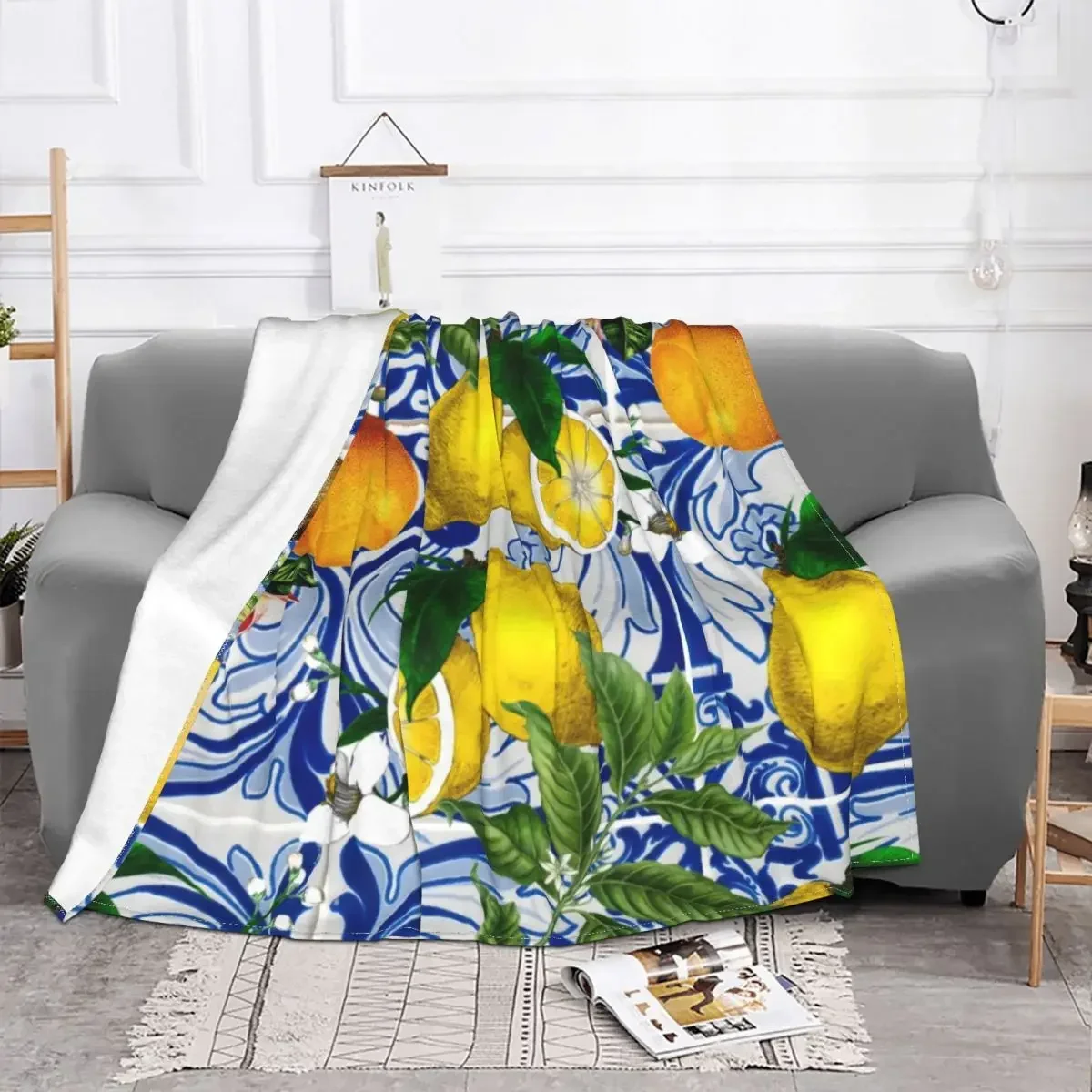 Mediterranean Lemon On Blue Ceramic Tiles Blankets Warm Flannel Summer Citrus Fruit Throw Blanket for Bedroom Office Bedspreads