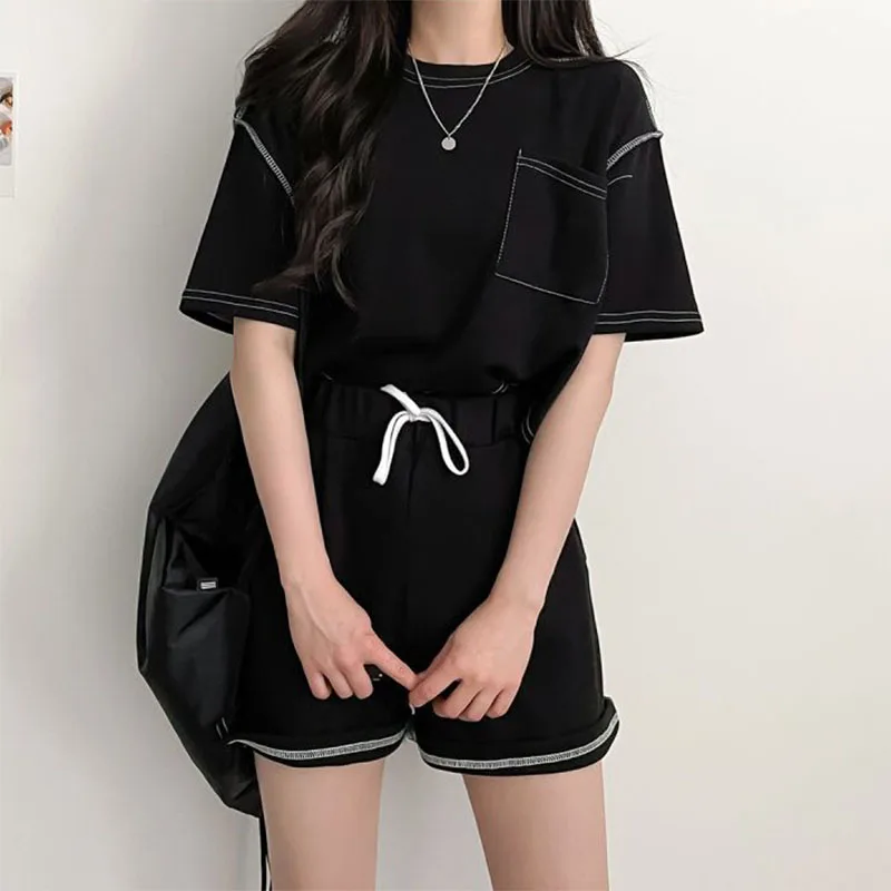 Two Piece Sets For Women O-neck T-shirts+Wide Leg Shorts Casual Tracksuits Solid Color 2024 Summer Female Korean Style Outfits