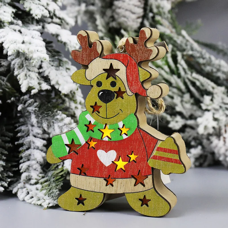 New Cartoon Decoration Wooden Glowing Santa Deer Ornament Chain Fun Cute Festival Christmas Tree Pendant Creative Christmas Gift