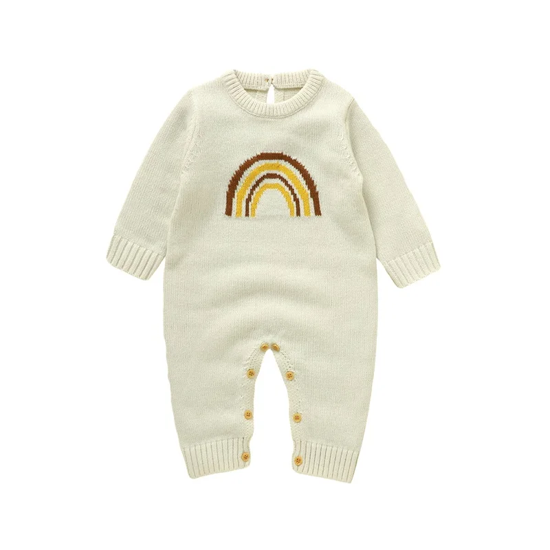 

Baby Girls Casual Crewneck Romper Long Sleeve Rainbow Print Knit Sweater Jumpsuit