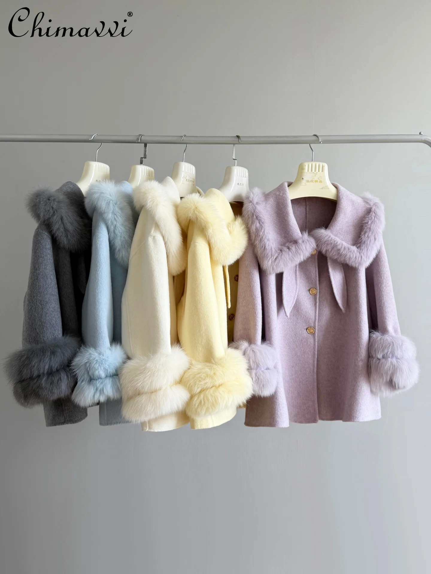 

Korean Style Elegant High-End Fox Fur Collar Long Sleeve Single-Breasted Fashion Versatile Wool Coats Jackets for Women Winter