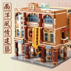 4039P Hong Kong Style Street View Building Block Arcade House 3D Model Bricks With Light Toys Kid Birthday Gift Home Decoration