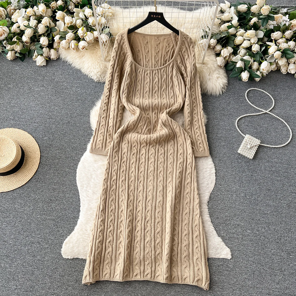 

Croysier Autumn Winter Sweater Dress 2023 Women Elegant Twist Knitted Dresses Square Neck Long Sleeve Solid Casual Midi Dress