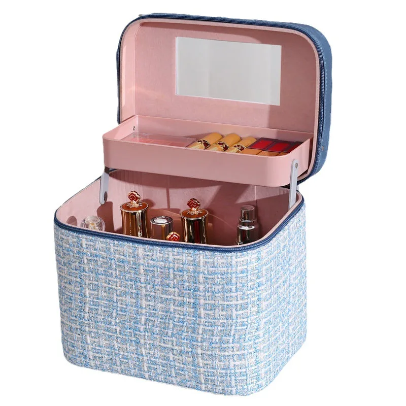 Multifunctional Women Portable Makeup Bag with Mirror Large Capacity Travel Makeup Box Multi-layer Desktop Cosmetic Storage Box