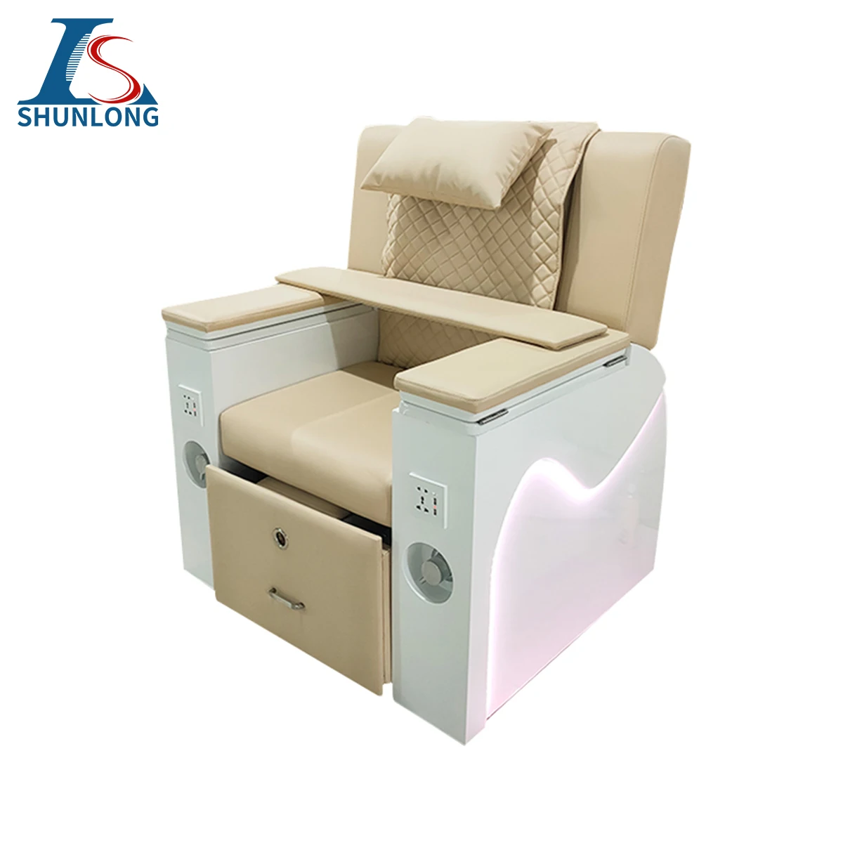 Luxury Pedicure Spa Chair Beige PU Leather Reclining Pedicure Chair With Pull-out Foot Basin & LED Light for Nail Salon Beauty F