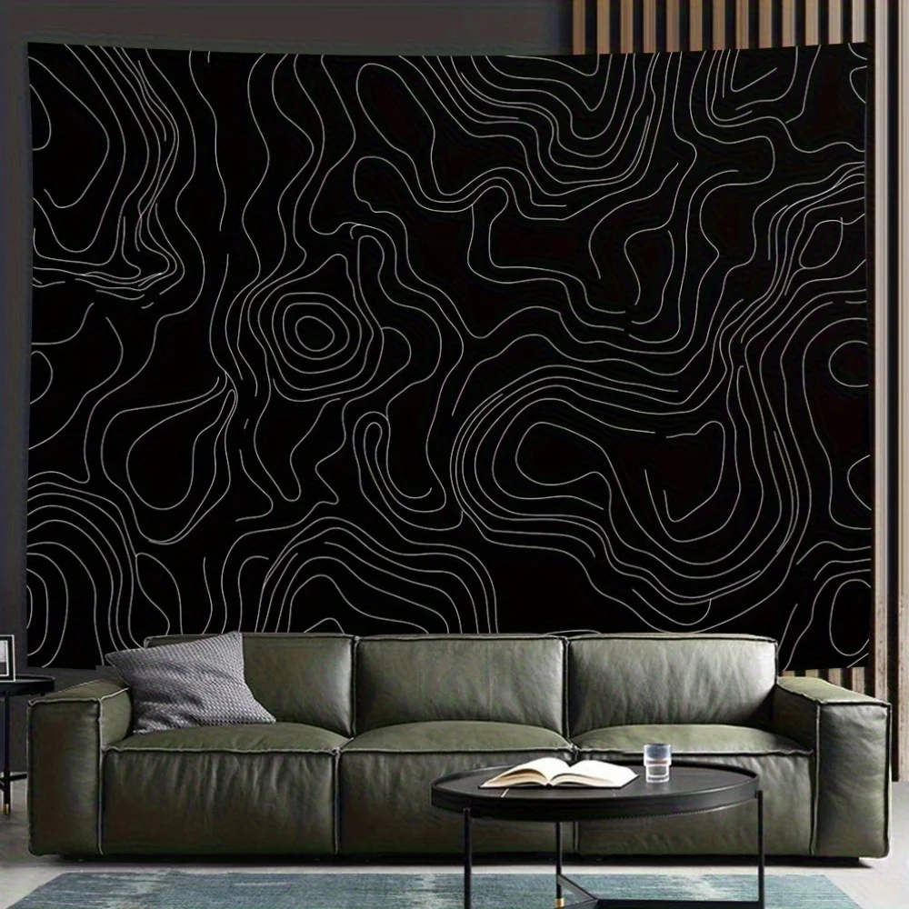 Abstract Monochrome Black and White Line Art Tapestry Wall Decor Modern Geometric Contour Map Hanging Poster for Living Room