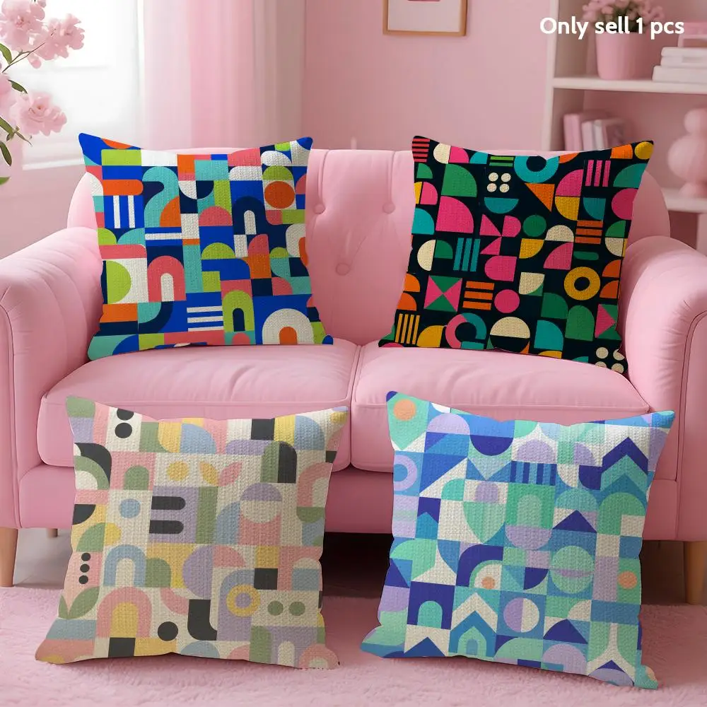 Bright Color Block Shapes Cushion Cover Linen Organic Fabric Double-Sided Printing Sofa Breathable Home Decor Gift Pillow Case