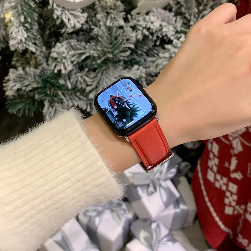 Contrast Leather Strap for Apple Watch Serie 7 Correa 45mm 49mm 38 42 Women Slim Bracelet for IWatch Band 9 8 SE 6 5 4 40mm 44mm