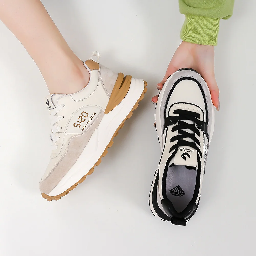 SOMILISS Genuine Leather Sneaker Women Suede Patchwork Mixed Colors Lace-Up Round Toe Shoes Breathable Lady Flats Casual Sneaker