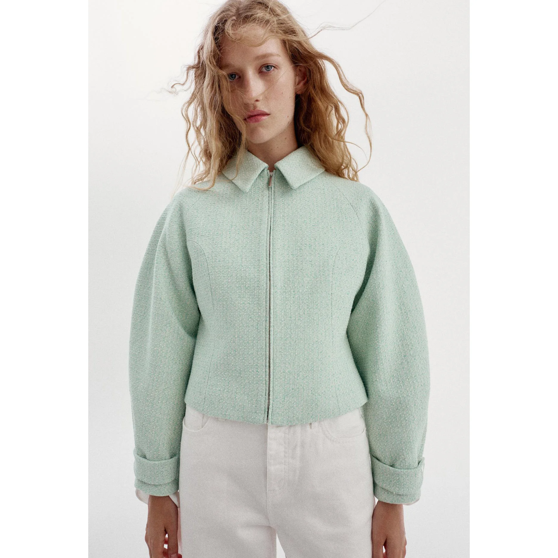 Fashionable Zipper Texture Jacket Women's Short Outerwear Versatile Style Standard Fit Long Sleeve Polyester Fiber Flip Collar