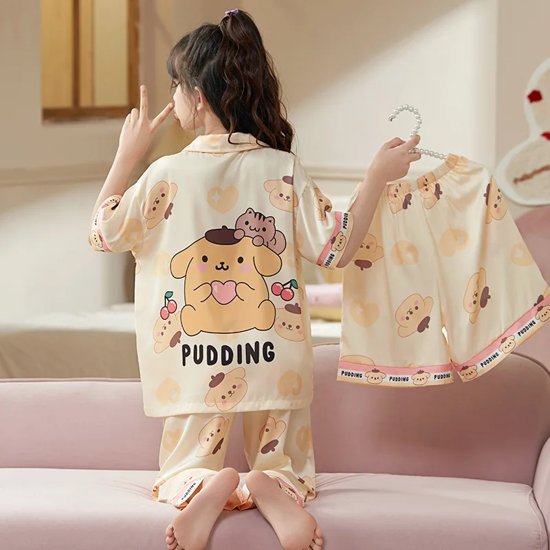 MINISO Sanrio Kinderpyjama Lente/Zomer/Herfst Dunne Loungewear Kuromi Driedelige set Korte mouwen Meisjes Vakantiecadeaus