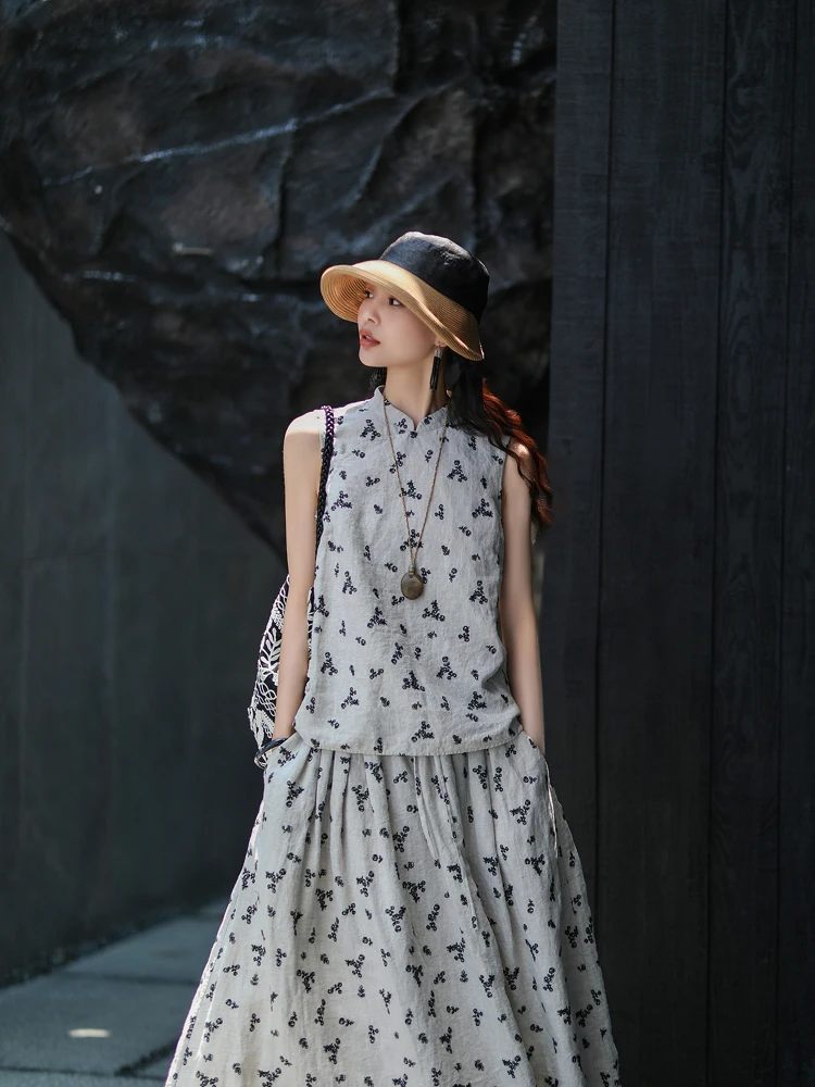 

Mallin Summer New Arrival 2 Pieces 00% Linen Raindrop Embroidery Ele Artistic Chinese Sle Svel Vest Top