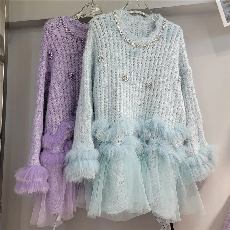 

Clothland Women Stylish Beaded Knitting Sweater Fur Mesh Spliced Long Sleeve Loose Pullover Female Chic Tops Mujer HA628