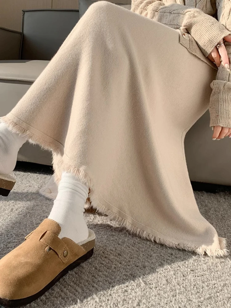 Fashion Tassel Knit Skirt Autumn Winter Elegant Loose Hanging Umbrella Skirt Solid Color High Waisted Mid Length A-line Skirt