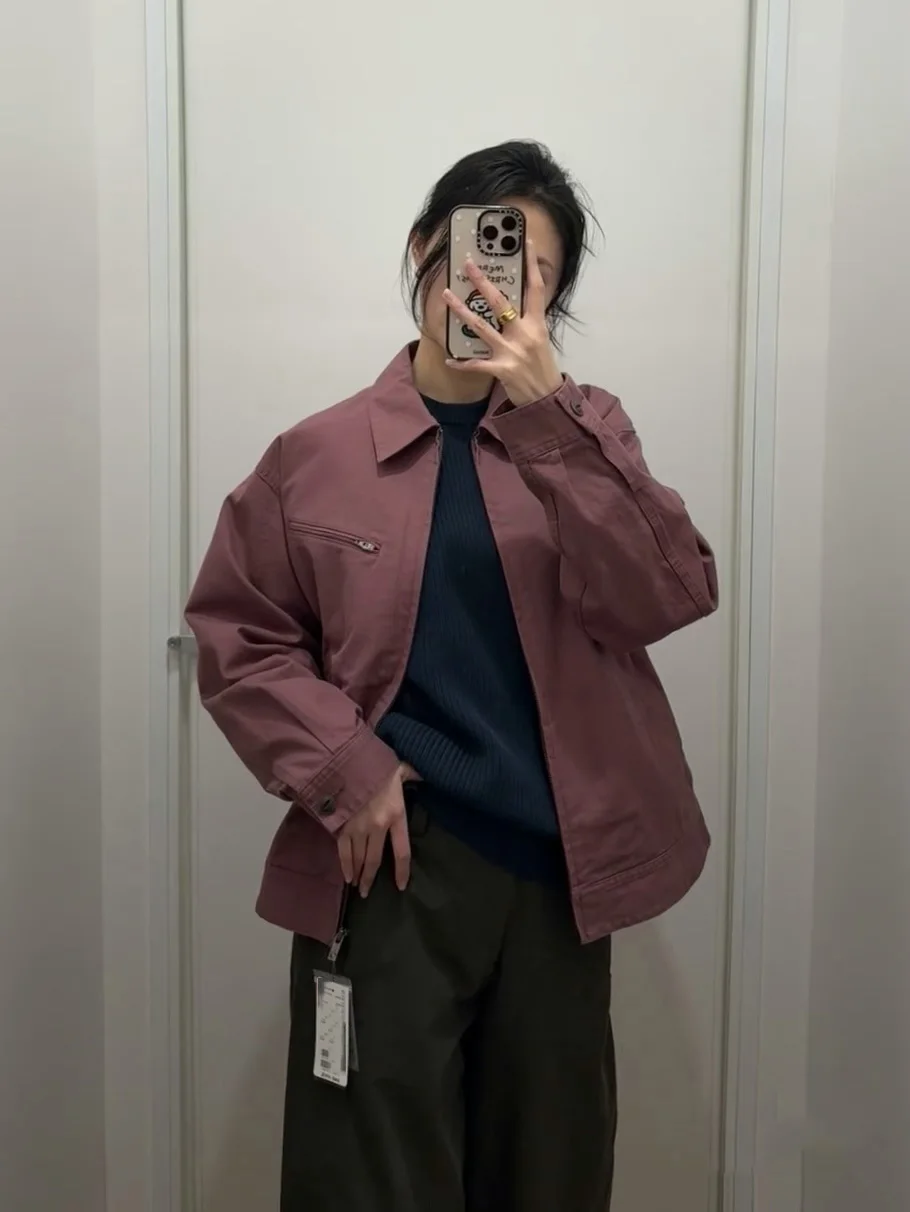 캐주얼 지퍼 데님 재킷 디트로이트 스타일 남녀공용 루즈핏 롱 슬리브 칼라 코트 코튼 뉴트럴 G