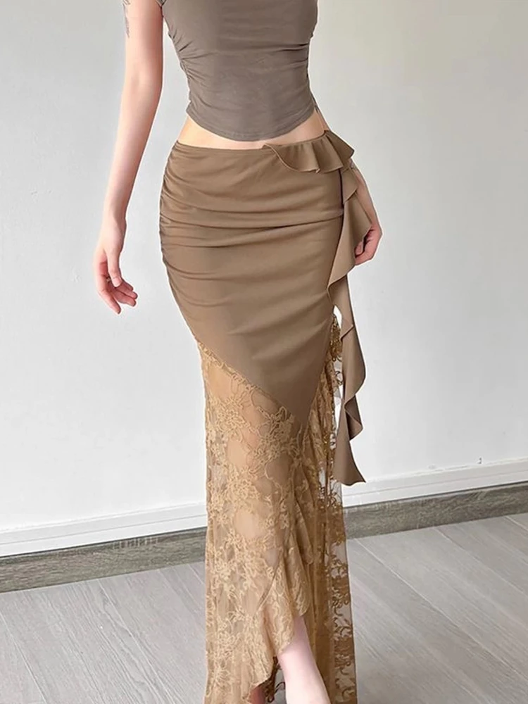 Skirt Vintage Ruffles Design Lace Patchwork High Waist Women Summer New Unique Slimming Irregular Soft Elegant Thin Long Skirts