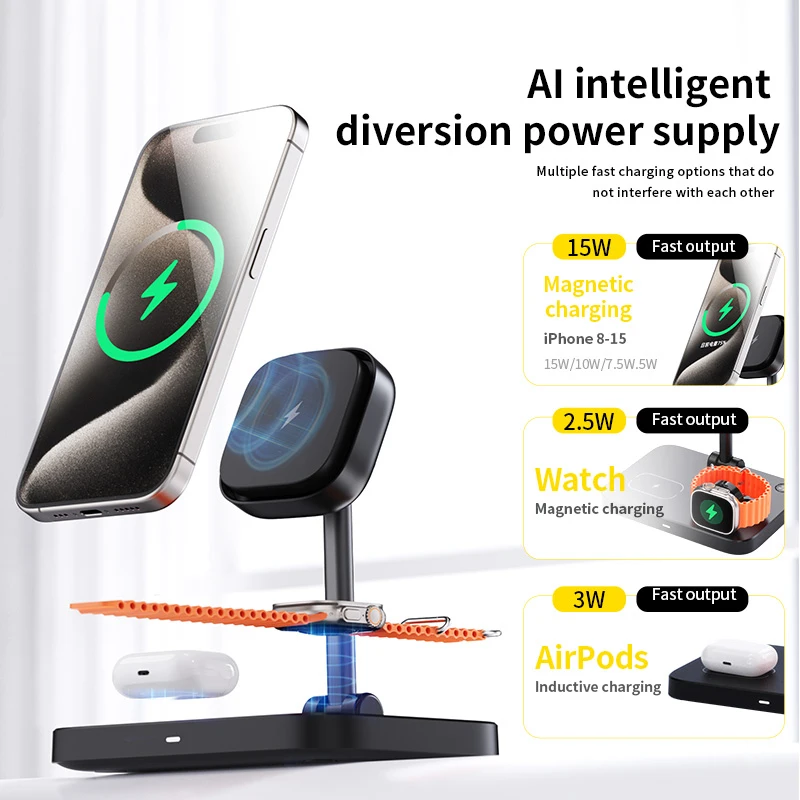 3 in 1 Magnetic Fast Charge Charger for MagSafe iPhone12~17,Apple Watch,Airpods Foldable Wireless Charger with Heat Dissipation