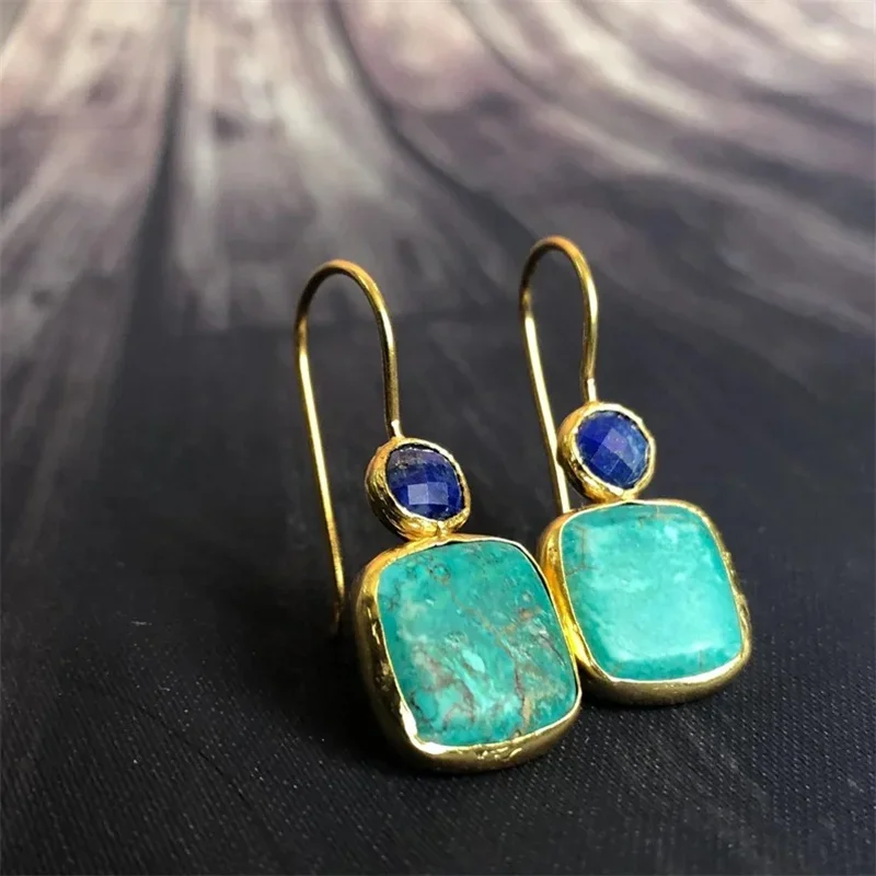 Vintage Geometric Green Color Square Stone Blue Round Stone Simple Dangle Earrings For Women Female Party Pendant Custom Jewelry