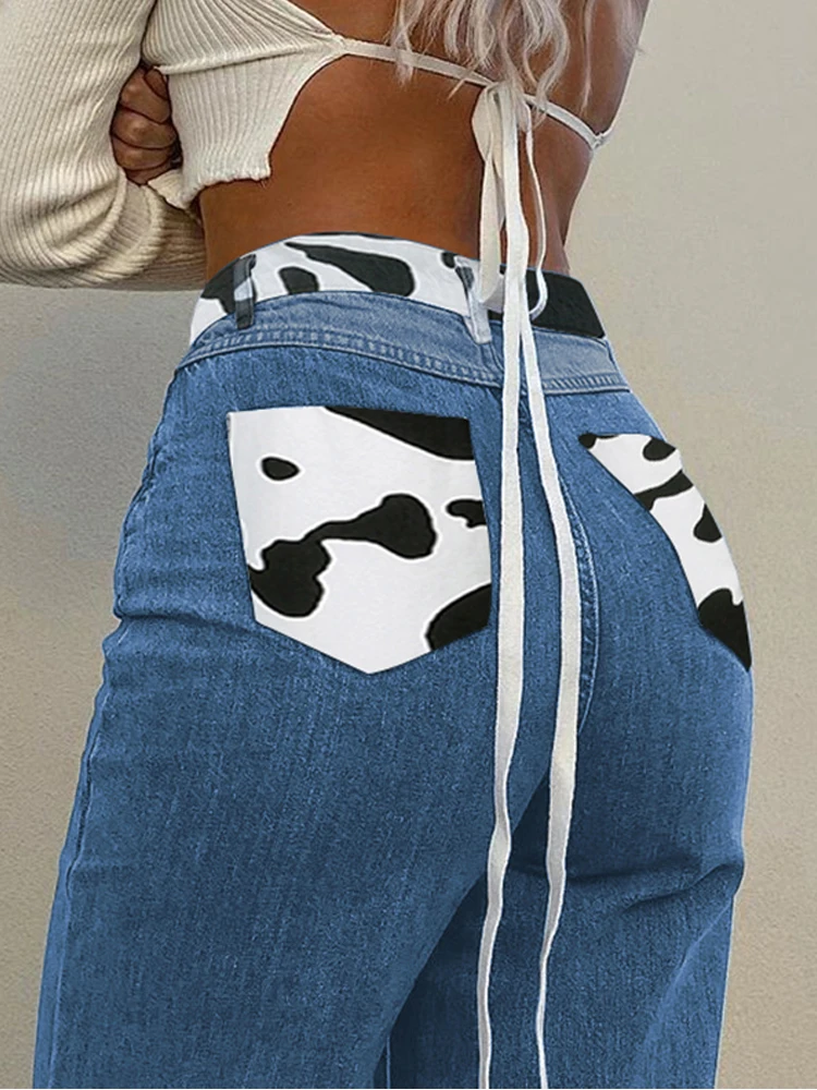 HEYounGIRL Patchwork Cow Print Jeans Women Casual High Waisted Pants Capris Harajuku 90s Black Long Trousers Ladies Street