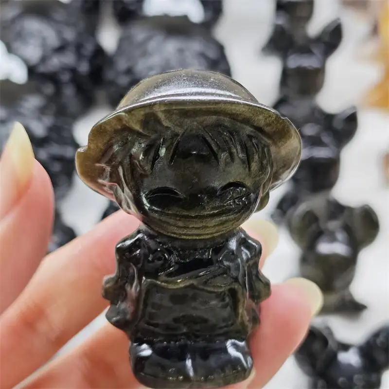 Natural Silver Obsidian Cartoon Carving Crystal Healing Stone Creative Holiday Gifts For Kids Home Decor Gift 1pcs