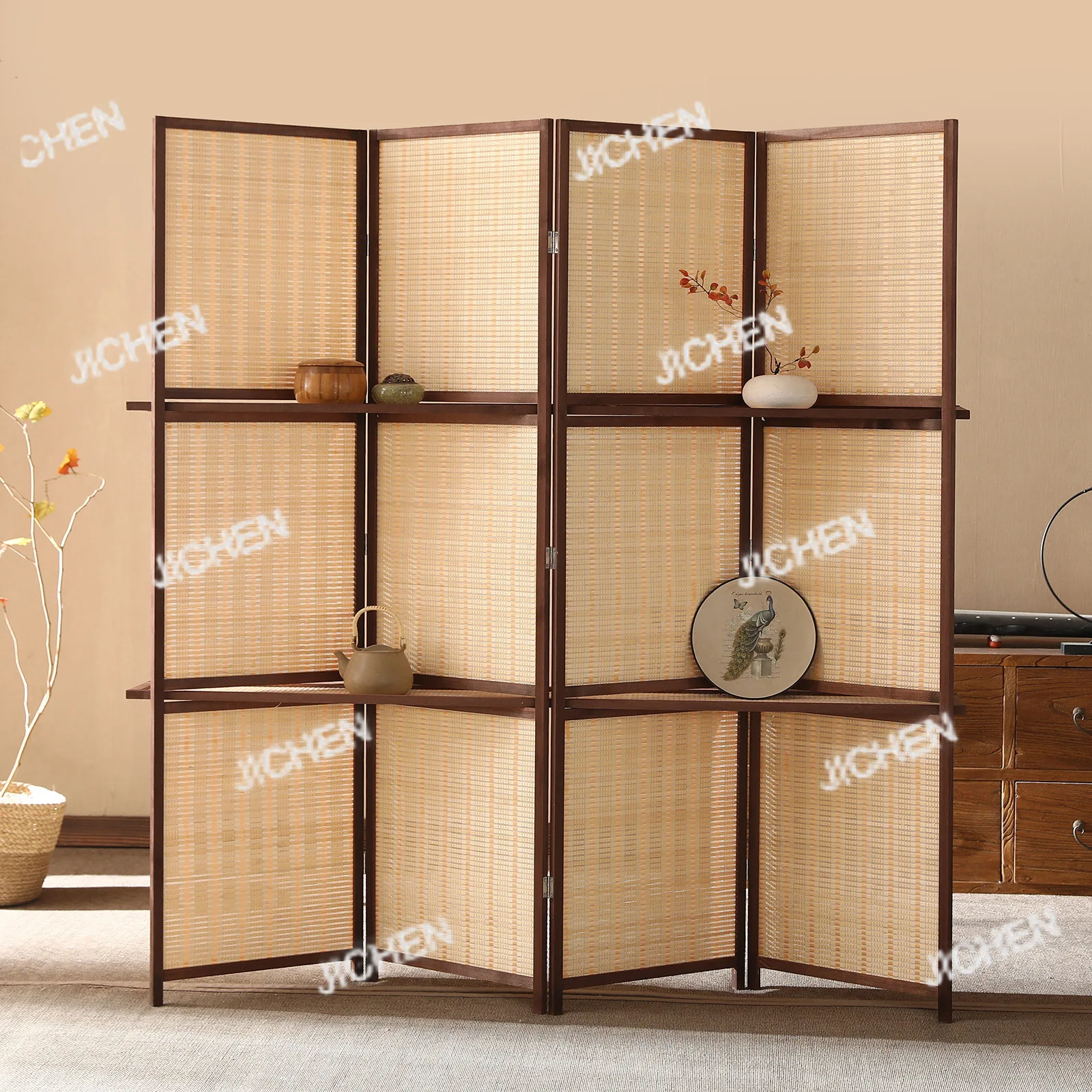 شاشة تخزين مخصصة للبيع بالجملة من خشب الصنوبر والخيزران وشاشة قابلة للطي قابلة للإزالة للمكتب المنزلي والفنادق