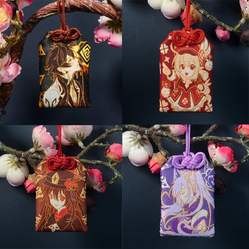 Anime Game Impact Zhongli Hutao Venti Xiao Creative Embroidery Pray Fortune Omamori Pendant Good Luck Amulet Kimono Pray Gift