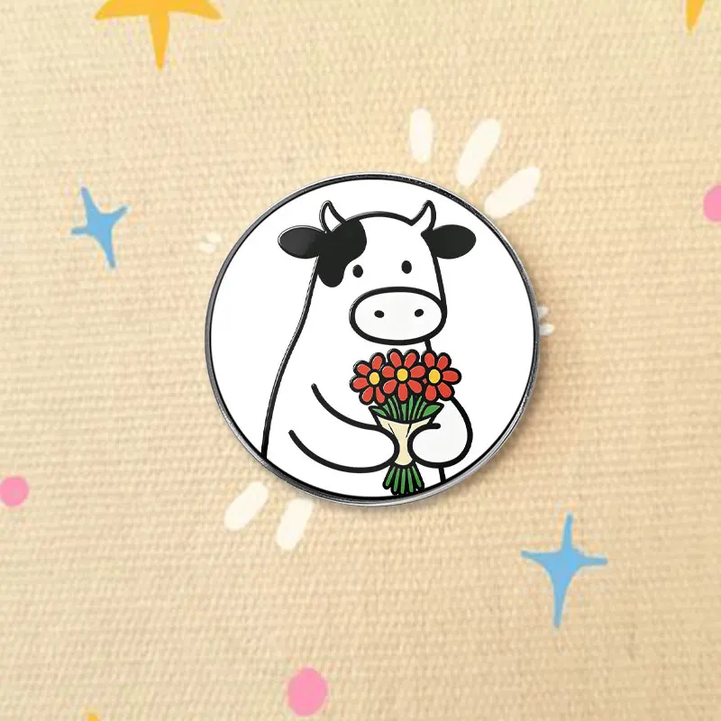 Kawaii Cartoon Cow UV Printing Badge Sweet Cow Holding Bouquet Brooch Adorable Farm Animal Lapel Pin Clothing Accessory