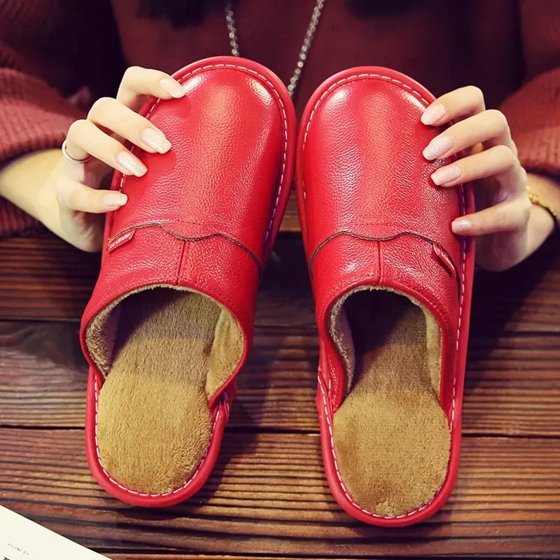 Winter Genuine Leather Couple's Indoor Slippers Cow Leather Anti-Slip Men&Women Home Shoes Fashion Casual Shoes