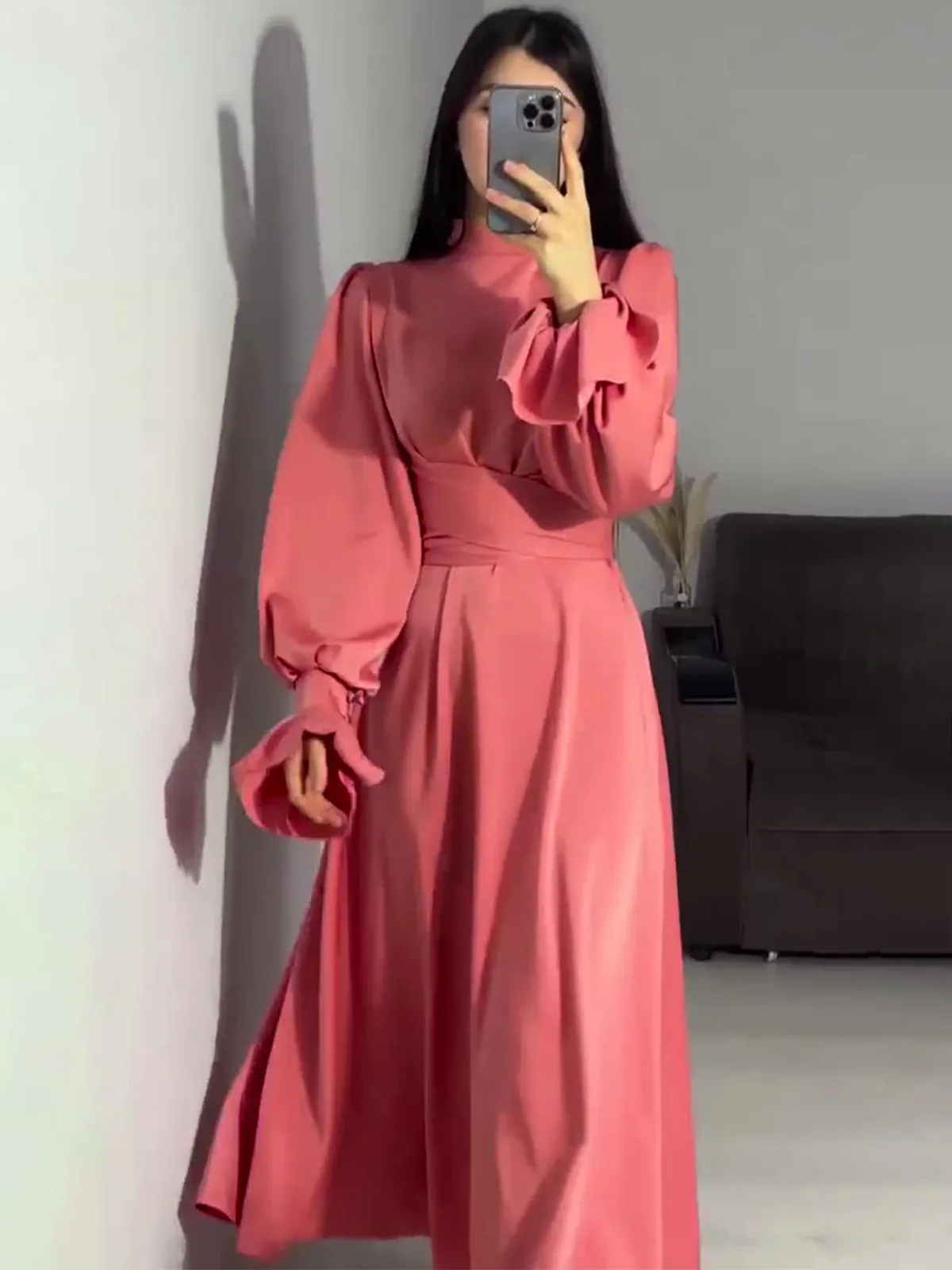 Lotus Sleeve Dress for Women Casual Slim-fit Dress with Belted Waist Abaya Dubai Luxury Turkey Islam Muslim Dress Women Kaftan