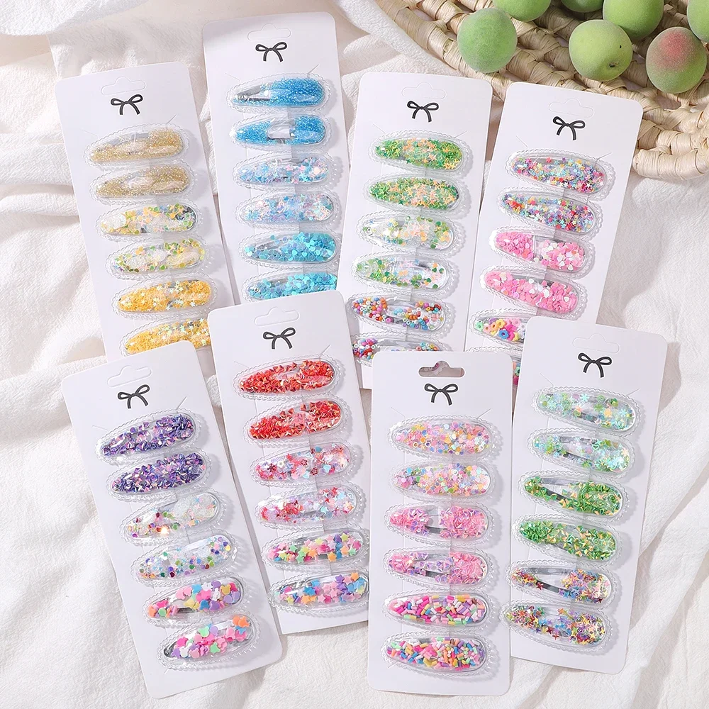 6pcs/set Lovely Sequin BB Hair Clips Color Transparent Flowing Sand Bangs Hair Gripes Girl Cute Cartoon Baby Hairpins Accessory