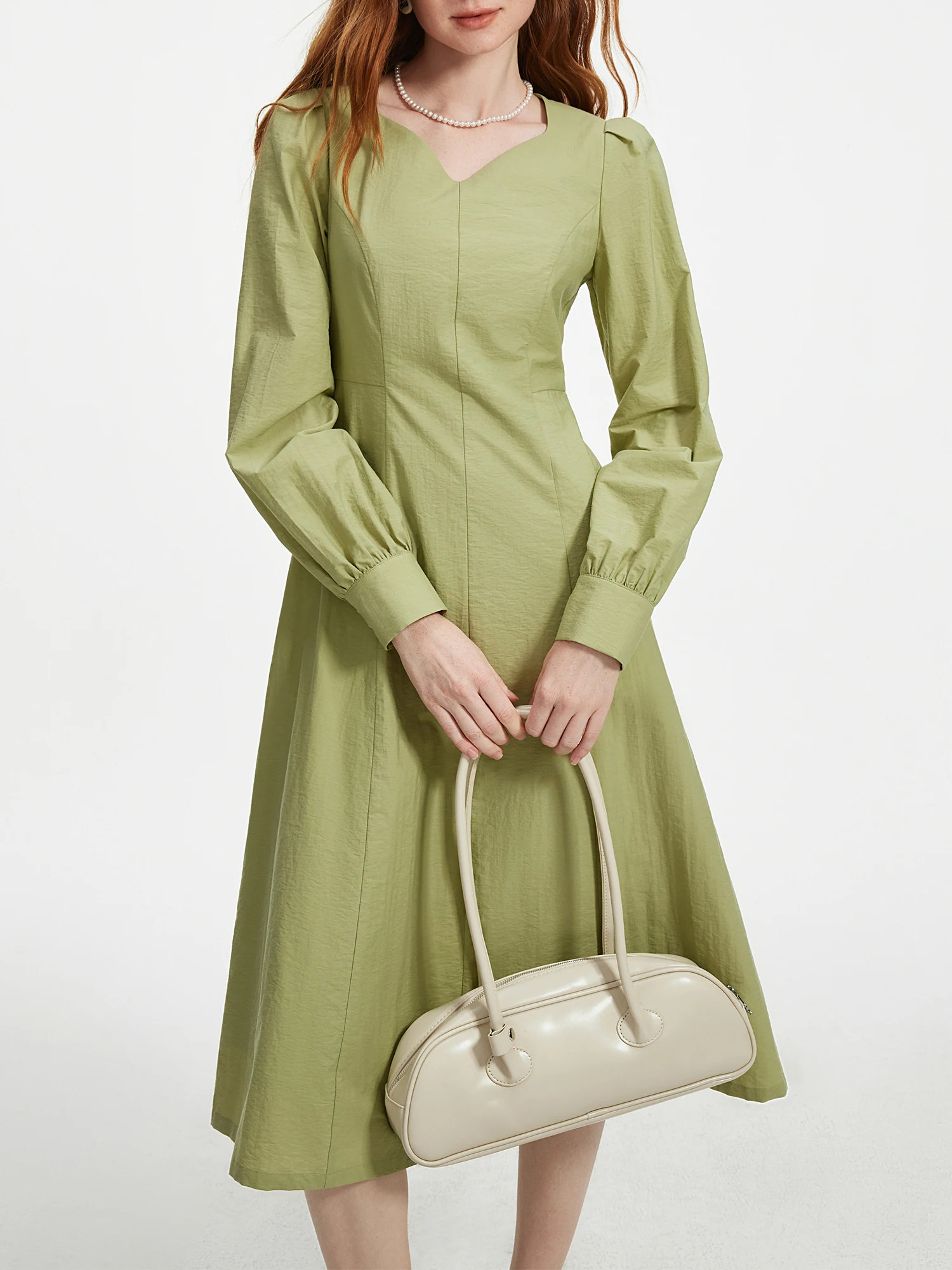 

FSLE Women White Cotton Long Dress Sweetheart Neck Office Lady Green Long Puff Sleeve X-LINE Dress Autumn New Dress 24FS13338