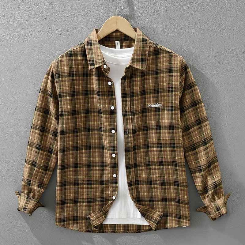 2026 Spring Autumn New Vintage Letter Embroidered Soft Long Sleeve Shirt for Men Clothing Plaid Big Pocket Versatile Streetwear