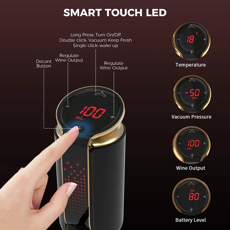 

Роскошный электрический аэратор для вина 3-в-1, графин, дозатор и вакуумный насос. Светодиодный дисплей с сенсорным экраном — система сохранения вина