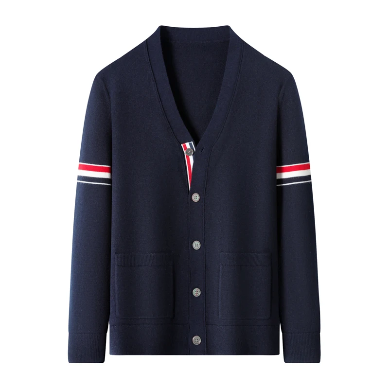 Designer Brand knitted cardigan men's autumn new classic color stripe trend pocket Korean casual side slit V-neck sweater coat