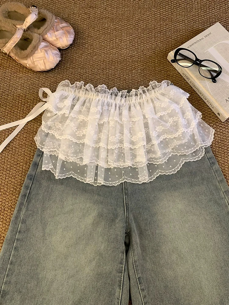 Gonna in pizzo bianco da donna, stile coreano, a strati, in similpelle, con decorazione a cintura in vita, dolce e versatile