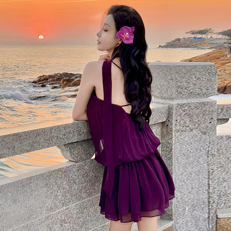 ชุดเดรสสีขาวม่วง ดีไซน์หรูหรา ลายดอกไม้ ทรงเข้ารูป กระโปรงทรงเอ สำหรับผู้หญิง