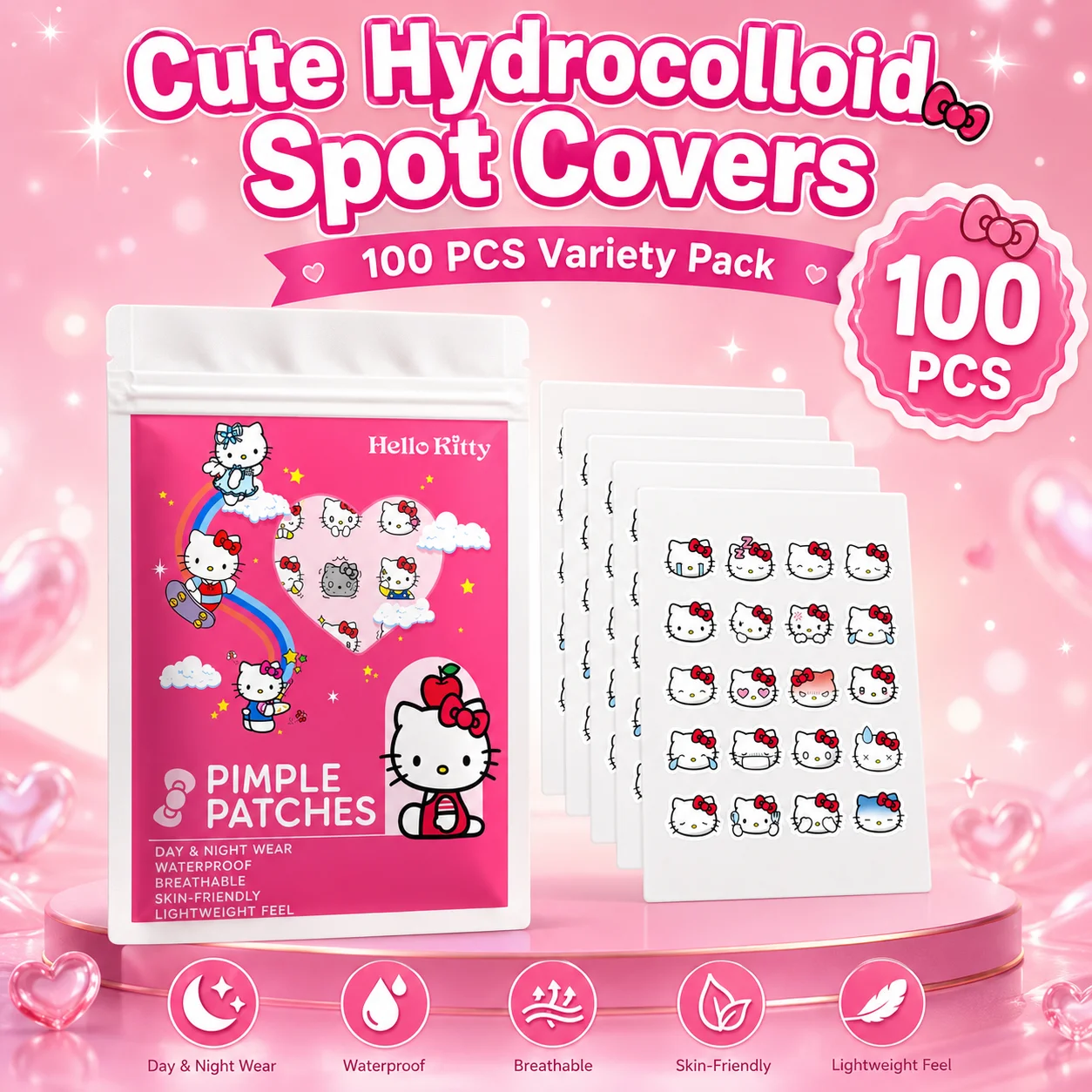 100 Patchs anti-acné Hello Kitty, patchs faciaux anti-acné, patchs hydrogel pour éliminer l'acné, correcteur de imperfections