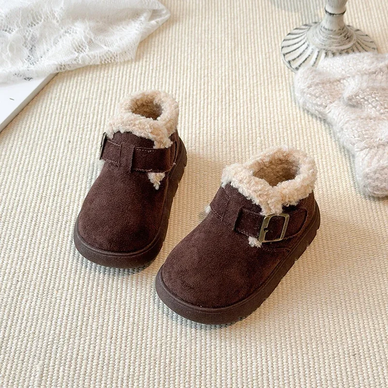 Toddler Suede Winter Fleece Lined Ankle Boots, Kids Adjustable Buckle Warm Thick‑Sole Snow Boots 2 Colors