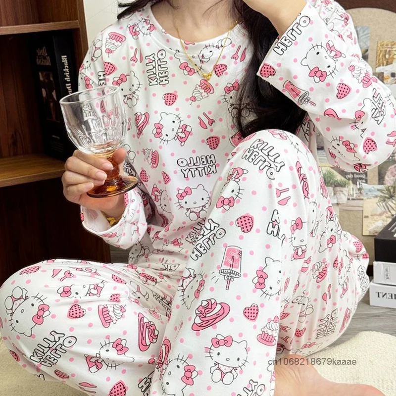 Sanrio Hello Kitty Korean Version Cute Pajamas Women New Long Sleeved Pants Casual Home Clothes Set Sweet Y2k Girl Style Pajamas