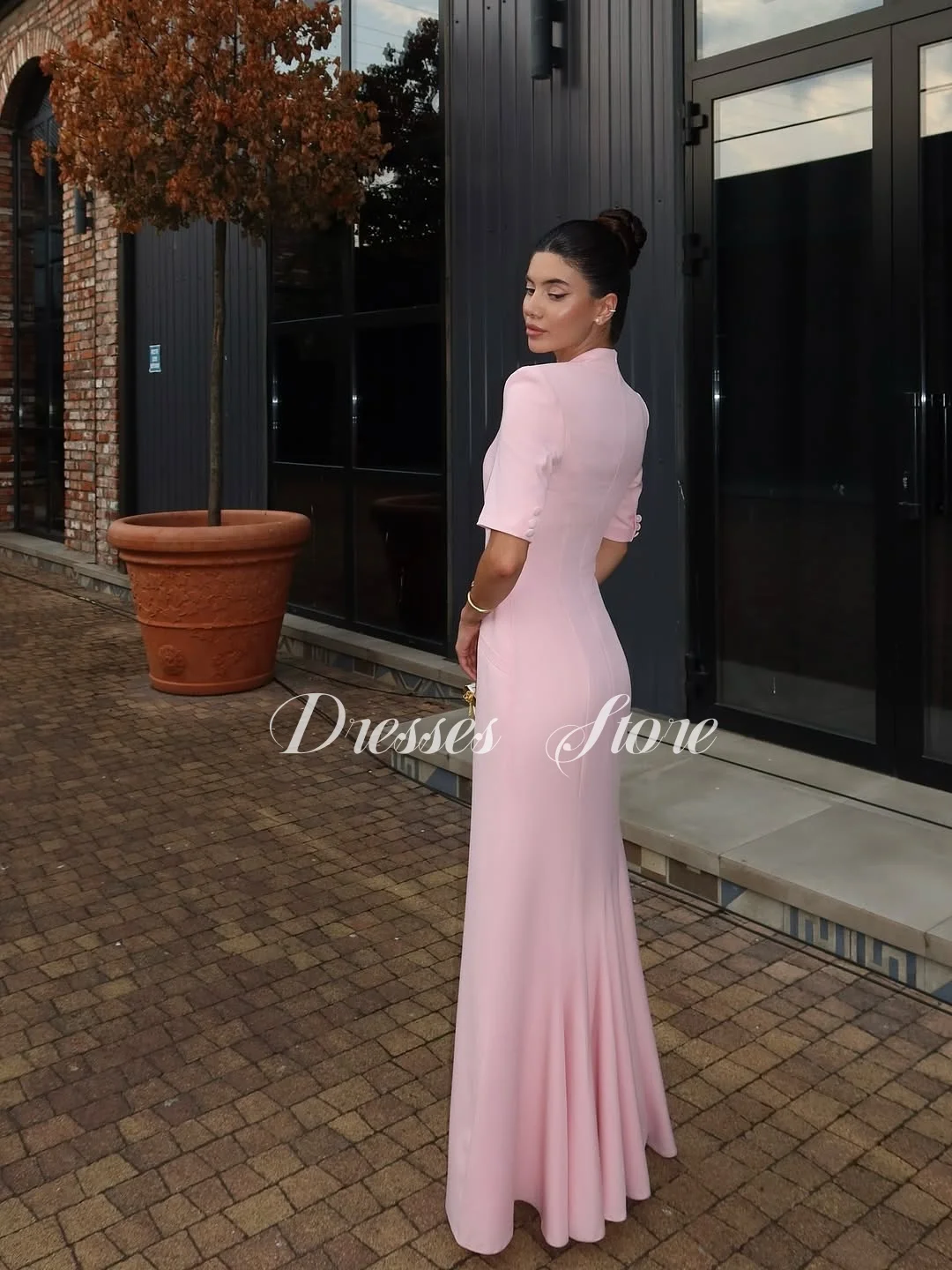 기유 2025 우아한 V넥 핑크 이브닝 드레스, 반팔 머메이드 버튼 프롬 드레스, 바닥 길이 맞춤 제작